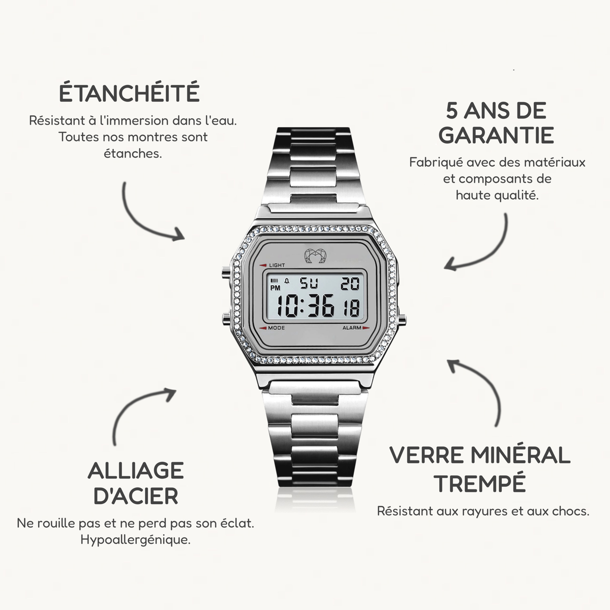 Montre Digitale Vintage Brillant ~ Silver